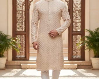 Men's Wedding wear Kurta, Men Kurta, Black and White Kurta, Party Wear Kurta, Kurta pajama, Party Wear Kurta for Men