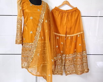 Embroidered Net Sharara Suit: Indian Wedding Salwar Kameez