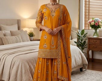 New designer 3 Piece Embroidered Salwar Kameez with Heavy Dupatta Neck Pattern Suit, Salwar Kameez, Wedding Sharara,Plus size Dress,Eid suit