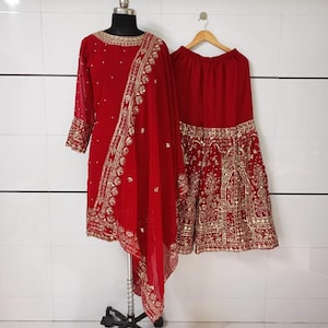 New Designer Heavy Embroidered Straight Kurta Sharara Set, 3 pc Embroidered Salwar Kameez Sharara Dresses, Wedding Wear, Suit For EID