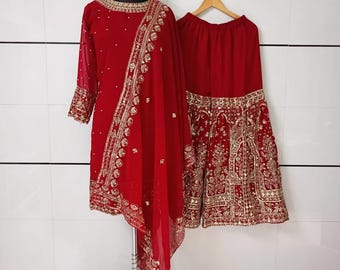 Embroidered Georgette Kurta Sharara Set: Indian Wedding Wear