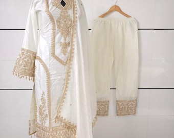 Embroidered Chinon Silk Salwar Kameez: Pakistani Palazzo Suit With Dupatta