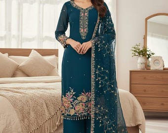 New designer 3 Piece Embroidered Salwar Kameez with Heavy Dupatta Neck Pattern Suit, Salwar Kameez, Wedding Sharara, Plus size Salwar suit