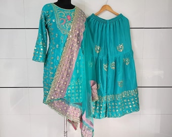Embroidered Chinnon Silk Sharara Suit: Party Wear Salwar Kameez