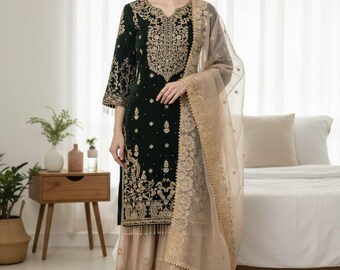Black designer 3 Piece Embroidered Salwar Kameez with Heavy Dupatta Neck Pattern, Salwar Kameez, Wedding Sharara, Plus size Dress, Eid suit