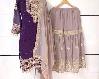 Embroidered Kurta Sharara Set, Faux Georgette Pakistani Suit, Plus Size