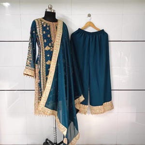 Pakistani designer 3 Piece Multicolor Embroidered Salwar Kameez with Dupatta Neck Pattern Suit, Salwar Kameez, Wedding Sharara, Eid Dress