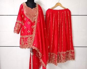Red Sharara Suit: Embroidered Chinnon Silk Pakistani Salwar Kameez