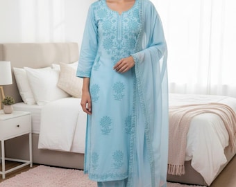 Women's Designer Summer Season Chikankari Cotton Top and Palazzo Suit, Salwar Kameez, Wedding Wear Suit, Winter Wear, Party Wear Suit