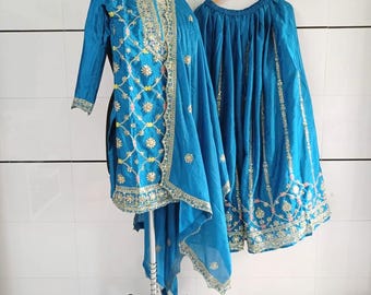 Embroidered Blue Chinnon Silk Salwar Kameez: 3-Piece Wedding Sharara