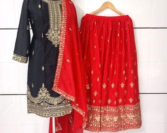 Embroidered Chinon Silk Sharara Suit, Red Dupatta, Pakistani Salwar Kameez