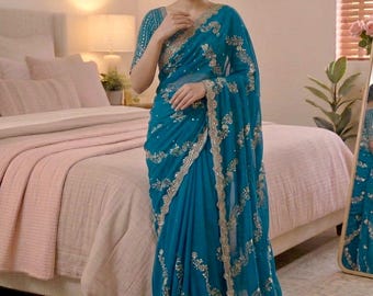 New Party Wear Style Blue Heavy Work Saree with Unstitch Blouse, Wedding saree, Party Wear Saree, Indian Saree, Saree for women, Gift saree
