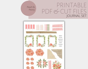 Pegatinas para agenda con diseño floral de melocotón y peonía / Kit imprimible para diario (PDF)