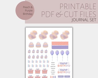 Pegatinas de diario y planificador / DIY PRINTABLE / Kit de pegatinas coordinadas de cumpleaños de melocotón y púrpura / Bullet Journal
