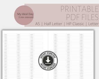 Planificador diario imprimible con intervalos de 5 minutos: A5, Media Carta, HP Classic, Carta (PDF)