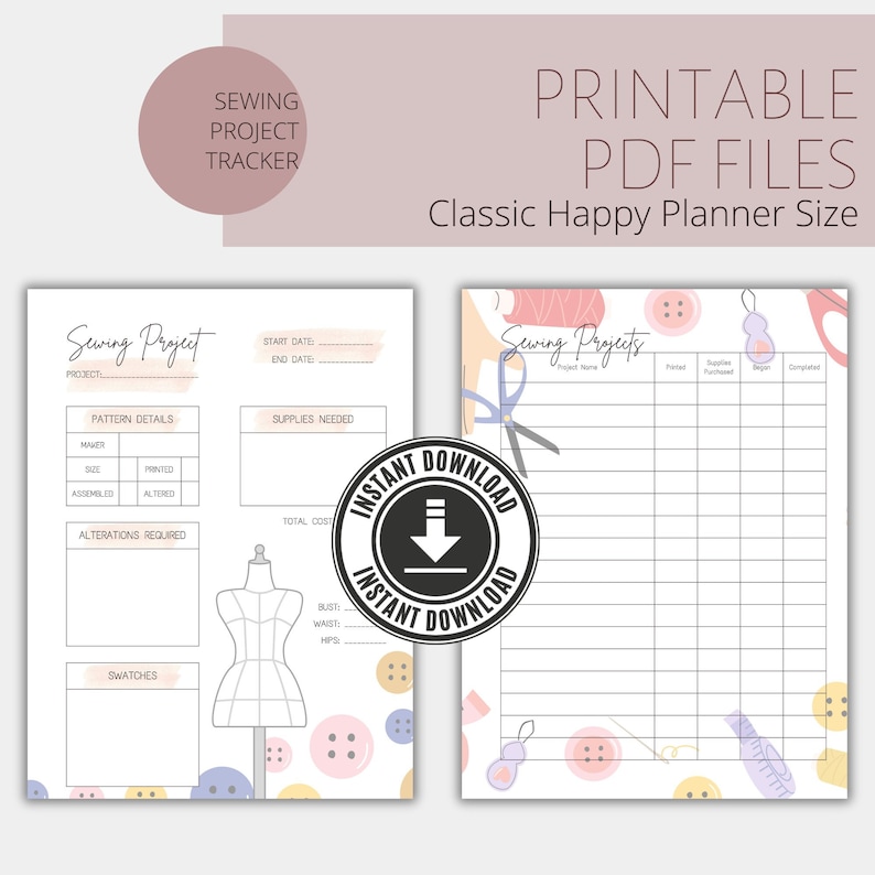 Sewing Project Tracker &amp; Planner | Happy Planner Classic | Downloadable ...