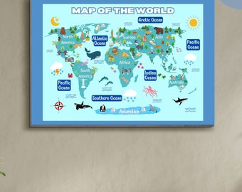 Map of the World Wall Art, Printable Kids World Map Poster, Children Animals Print Poster Wall Art for Nursery or Bedroom, Educational Print