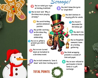 Könnte beinhalten: Ein weihnachtliches, druckbares Spiel mit dem Titel „Wer ist wie Scrooge?“ zeigt eine Cartoon-Figur von Scrooge, einen Schneemann und einen Lebkuchenmann. Das Spiel enthält eine Liste von Fragen, um festzustellen, wie sehr der Spieler ein Scrooge ist. Das Wort „Sofort-Download“ steht unten.
