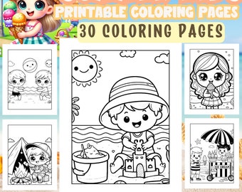 Zomerkinderen kleurplaten, afdrukbare zomerkleurplaten, kleurplaten voor kinderen, digitale download, kleurplaten activiteiten