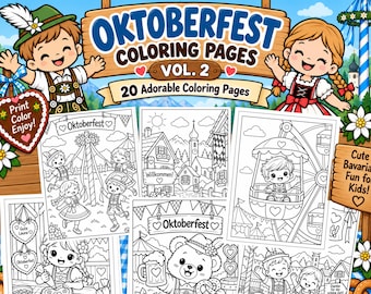 Oktoberfest-Malvorlagen Band 2, 20 niedliche bayerische Festtagsmotive zum Ausdrucken für Kinder, Herbstaktivitäten in Deutschland, US-Letter-PDF, Sofort-Download