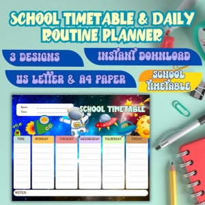 School Timetable, School Schedule, Homeschool Schedule, Daily Routine Planner, Back to School Timetable, Children, Space, Rainbow & Unicorn
