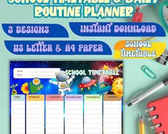 School Timetable, School Schedule, Homeschool Schedule, Daily Routine Planner, Back to School Timetable, Children, Space, Rainbow & Unicorn