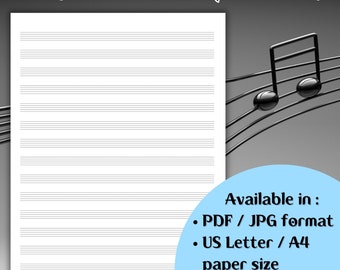 Partitura de música en blanco imprimible, partitura con 5 líneas, disponible en PDF o JPG, formato de tamaño de papel A4 o carta de EE. UU., línea de tono claro o medio