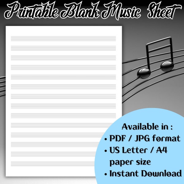 Printable Blank Music Sheet, Music Sheet with 5 Lines, Available in PDF or JPG, US Letter or A4 Paper Size Format, Light or Middle Tone Line