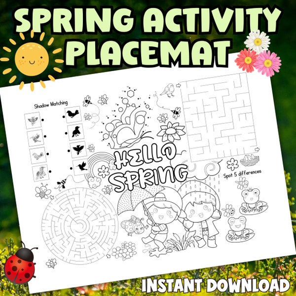 Spring Activities Placemat | Kids Activity Placemat | Party Activity | Kids Spring Coloring Page | Printable Table Mat | Coloring Sheet