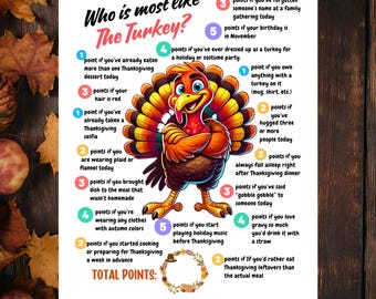 May include: Thanksgiving-themed printable featuring a colorful cartoon turkey with a vibrant tail. The image includes text that reads "Who is most like The Turkey?" and various point-based questions related to Thanksgiving traditions. The words "Instant Download" are also visible.