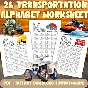 26 Transportation Alphabet Worksheets | Handwriting Practice | ABC Trace & Write | Preschool Tracing Pages | Dotted Alphabet | A-Z Printable