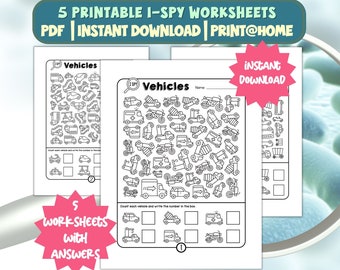 I-spy Vehicles, Vehicles Illustration games, I Spy Worksheet Activities, Find and Count Kids Activities, Maths Activity, Fun, Games