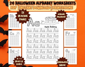 26 Halloween Alphabet Worksheets, Handwriting Practice, ABC Trace & Write, Dotted Alphabet , A-Z Letter Tracing, Printable, Preschool, pre-k