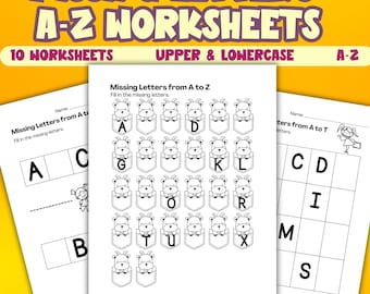 10 Printable Missing Letters Worksheets, Uppercase & Lowercase Letters Practice Worksheets, Kindergarten, 1st Grade, A-Z Alphabets