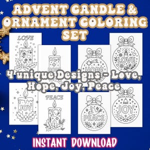 Könnte beinhalten: Adventskerzen- und Ornament-Malset mit vier einzigartigen Designs. Das Set enthält Malvorlagen mit den Wörtern "Liebe", "Hoffnung", "Freude" und "Frieden". Die Wörter werden von Kerzen- und Ornamentillustrationen begleitet. Der Text "Sofort-Download" ist ebenfalls sichtbar.