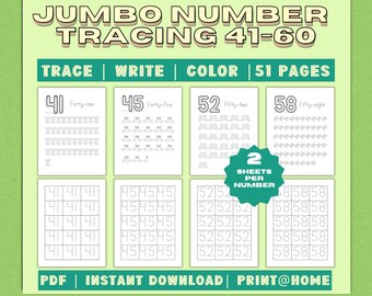 Jumbo Number Tracing Worksheet 41-60 for kids, preschool, toddlers, Handwriting Practice, Printable Trace Numbers, Tracing Numbers, Exercise