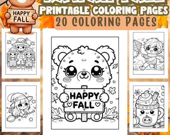 Kawaii Fall Printable Coloring Pages, Printable Autumn Coloring Pages, Kids Coloring Activities, Digital Download, Colouring Sheets