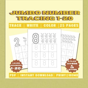 May include: A yellow background with the text "JUMBO NUMBER TRACING 1-20". The image shows three pages with number tracing exercises. The pages include numbers 1-20, with the words "TRACE", "WRITE", and "COLOR".