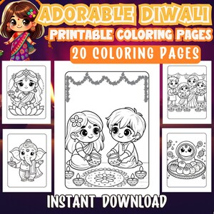 Adorable Diwali Coloring Pages for Kids, Instant Download, Printable Diwali Activity, Indian Festival Coloring Sheets, Diwali Activities