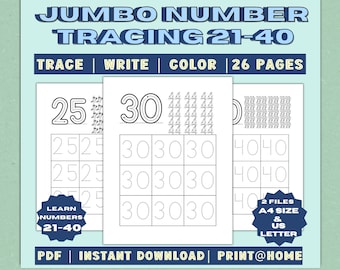 Number Tracing Worksheet 21-40 for kids, preschool, toddlers, Handwriting Practice, Printable Trace Numbers, Big Tracing Numbers, Worksheet