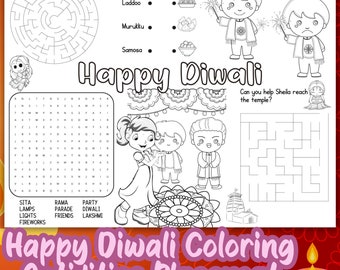 Diwali Party Activities Placemat | Kids Diwali Activity Placemat | Coloring Sheets Printable| Diwali Mazes, Word Search, Match words