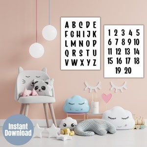 ABC and 123 Schwarz weiß und bunt Kinderzimmer Wandkunst, druckbare Kinder Alphabet und Zahlen Poster, A-Z, Lernwandkunst, Montessori