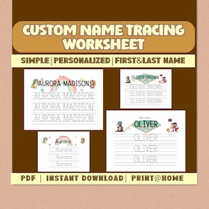 May include: A custom name tracing worksheet set featuring four examples with unicorn and baseball themes. The text reads CUSTOM NAME TRACING WORKSHEET, SIMPLE, PERSONALIZED, FIRST&LAST NAME, PDF, INSTANT DOWNLOAD, PRINT@HOME, AURORA MADISON, OLIVER BROWN, and OLIVER.