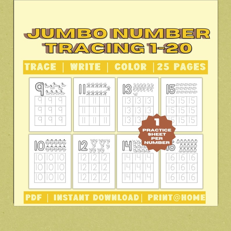 Jumbo Number Tracing Worksheet 1-20 for Kids, Preschool, Toddlers ...