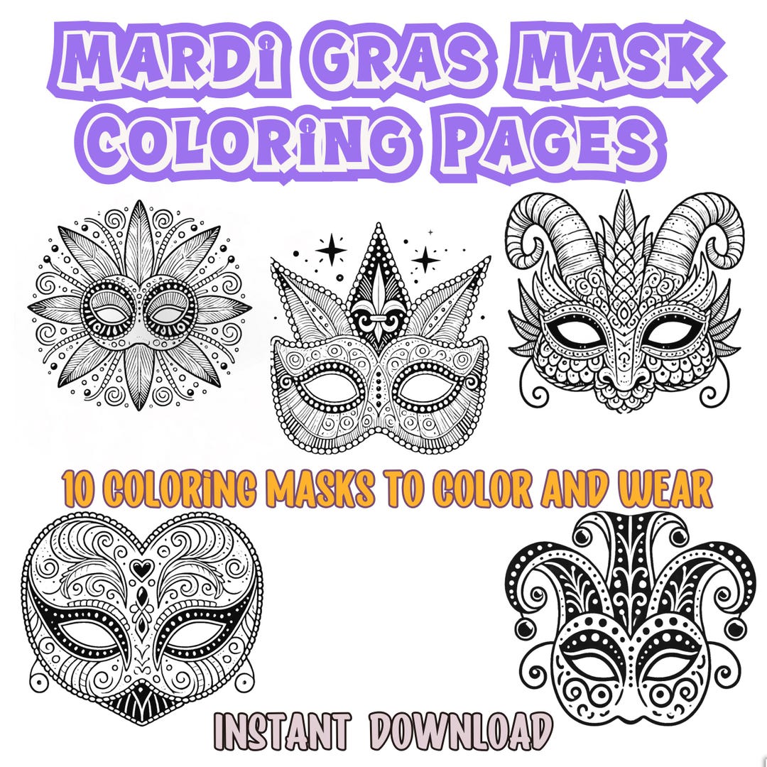 Mardi Gras Mask Coloring Masks for Kids, Halloween, Printable Kids ...