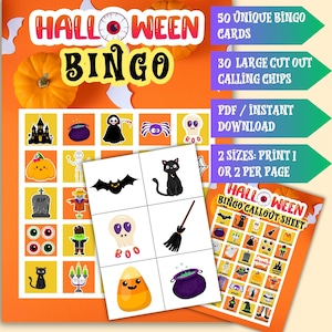 50 Unique Halloween Bingo Cards, Printable Halloween Bingo Game, Party Game, Kids Fun Halloween Activity, Instant Digital Download