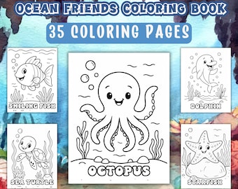 Könnte beinhalten: Ein Malbuch mit dem Titel "Dive Into The Deep: Ocean Friends Coloring Book" mit 35 Malvorlagen. Die Seiten zeigen Strichzeichnungen eines lächelnden Fisches, eines Oktopus, eines Delfins, einer Meeresschildkröte und eines Seesterns. Der Text "Instant Download" steht unten.