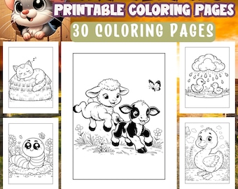 Puede incluir: Un conjunto de 30 páginas para colorear imprimibles con animales de granja. Las páginas incluyen un gato durmiendo en un fardo de heno, un cordero y un ternero corriendo por un campo, un patito y dos patitos nadando en un charco.