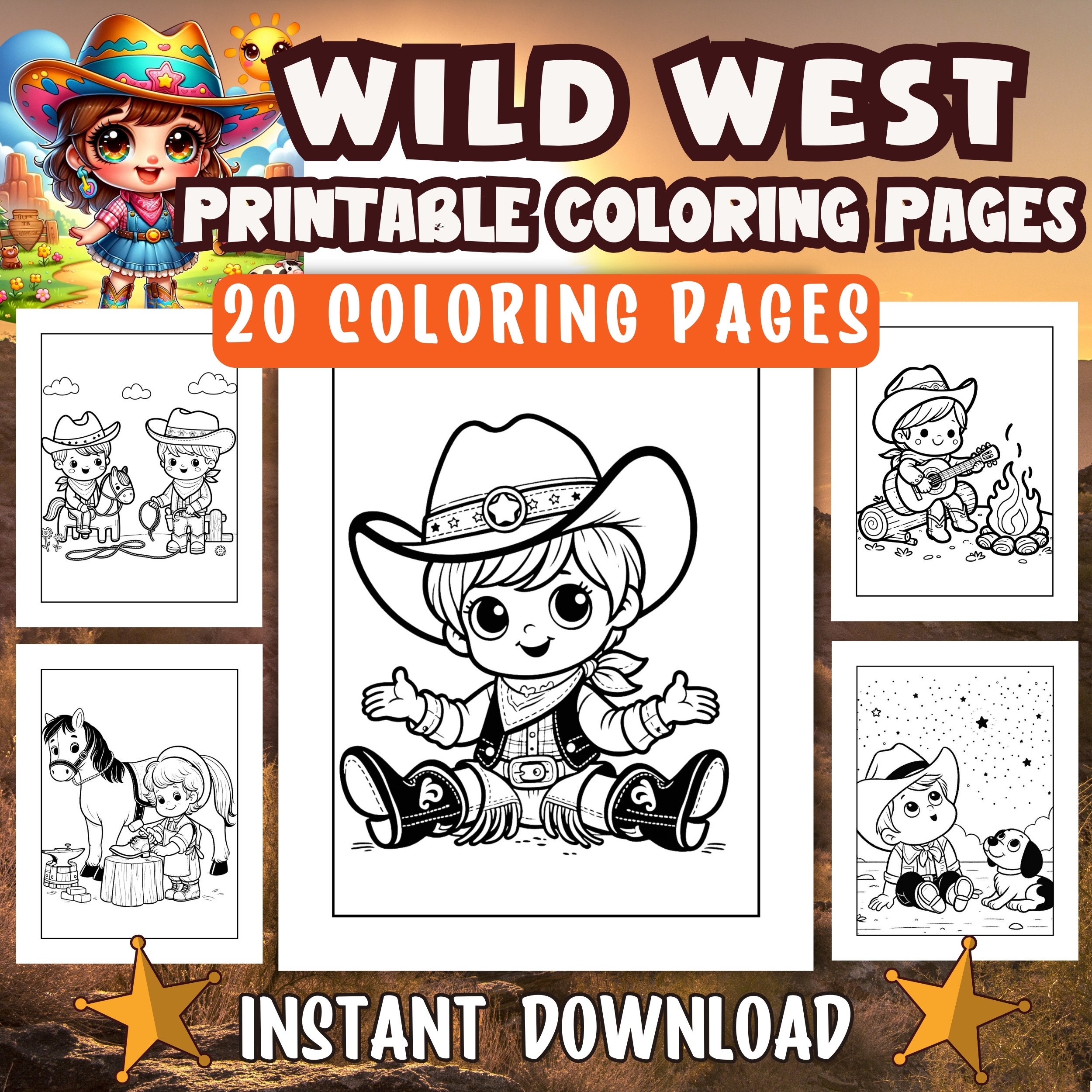 Wild West Coloring Pages, Printable Cowboy Colouring Sheets, Kids