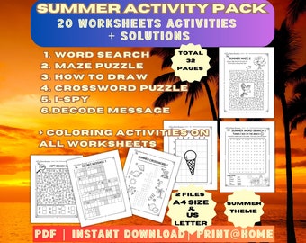 20 Summer Kids Activities, Summer Camp Activity, I Love Summer Printable, Word Search, Maze, I-Spy Games, How to Draw, Digital Download